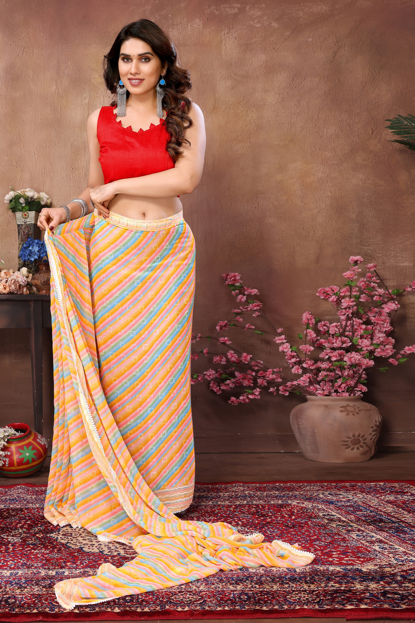 Tan Yellow Leheriya Printed Georgette Ready to Wear Saree