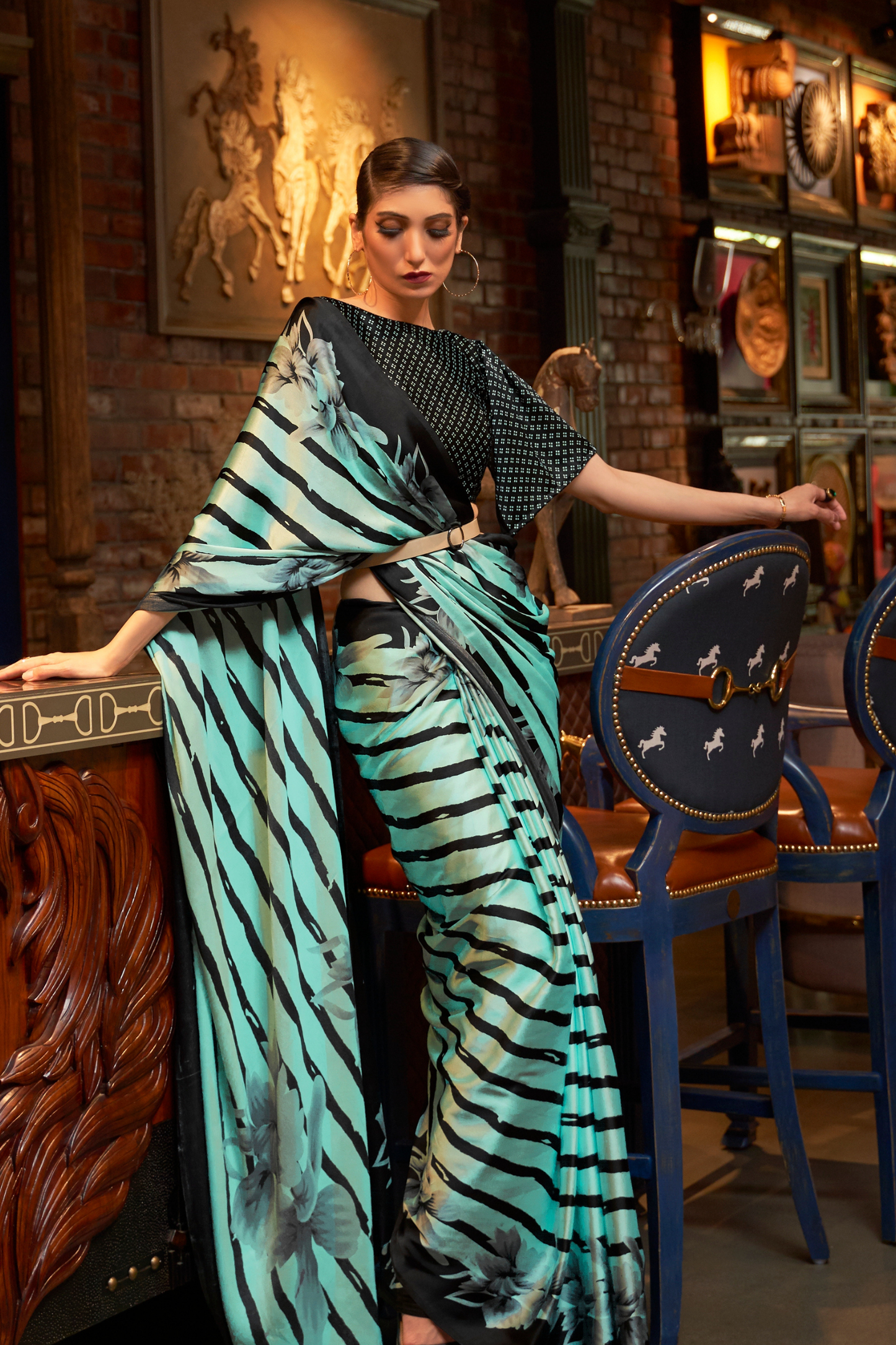 Turquoise Green Striped Printed Satin Crepe Saree