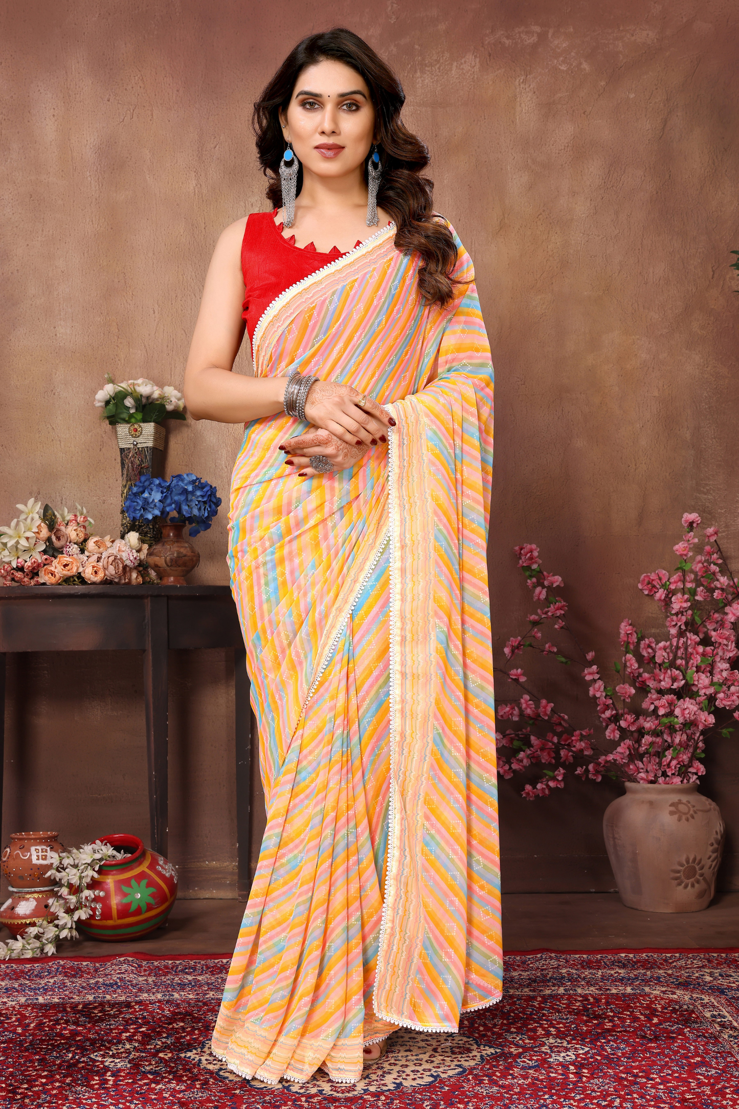 Tan Yellow Leheriya Printed Georgette Ready to Wear Saree