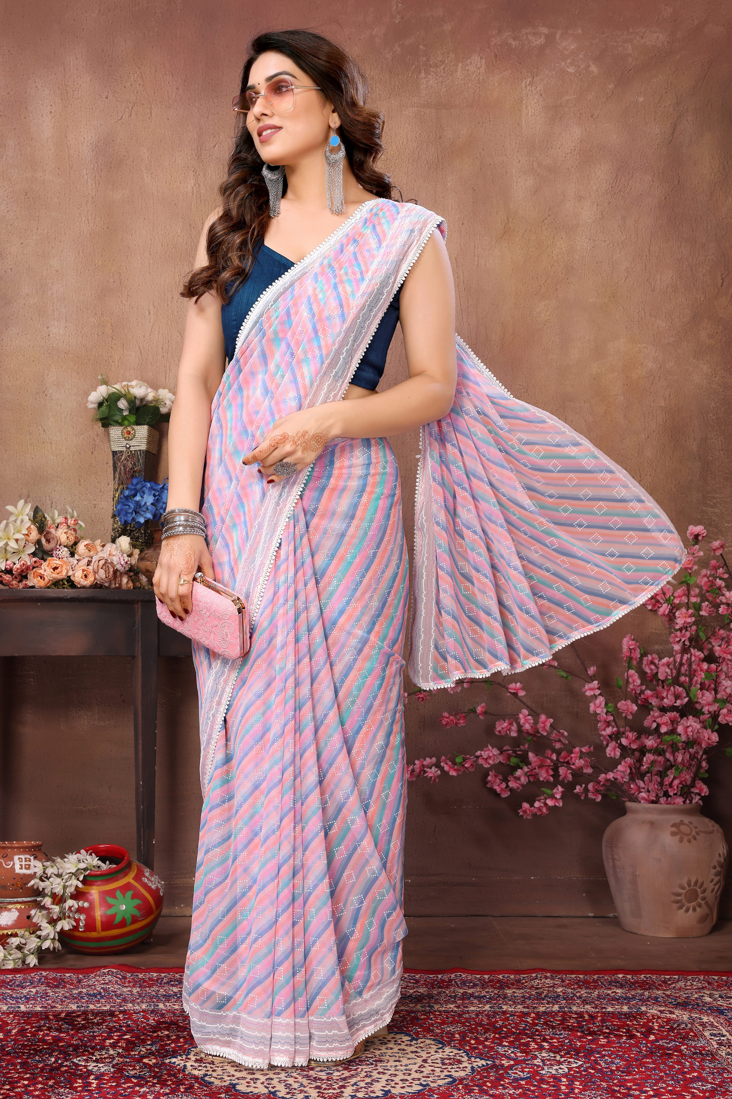 Purple Leheriya Printed Georgette Ready to Wear Saree