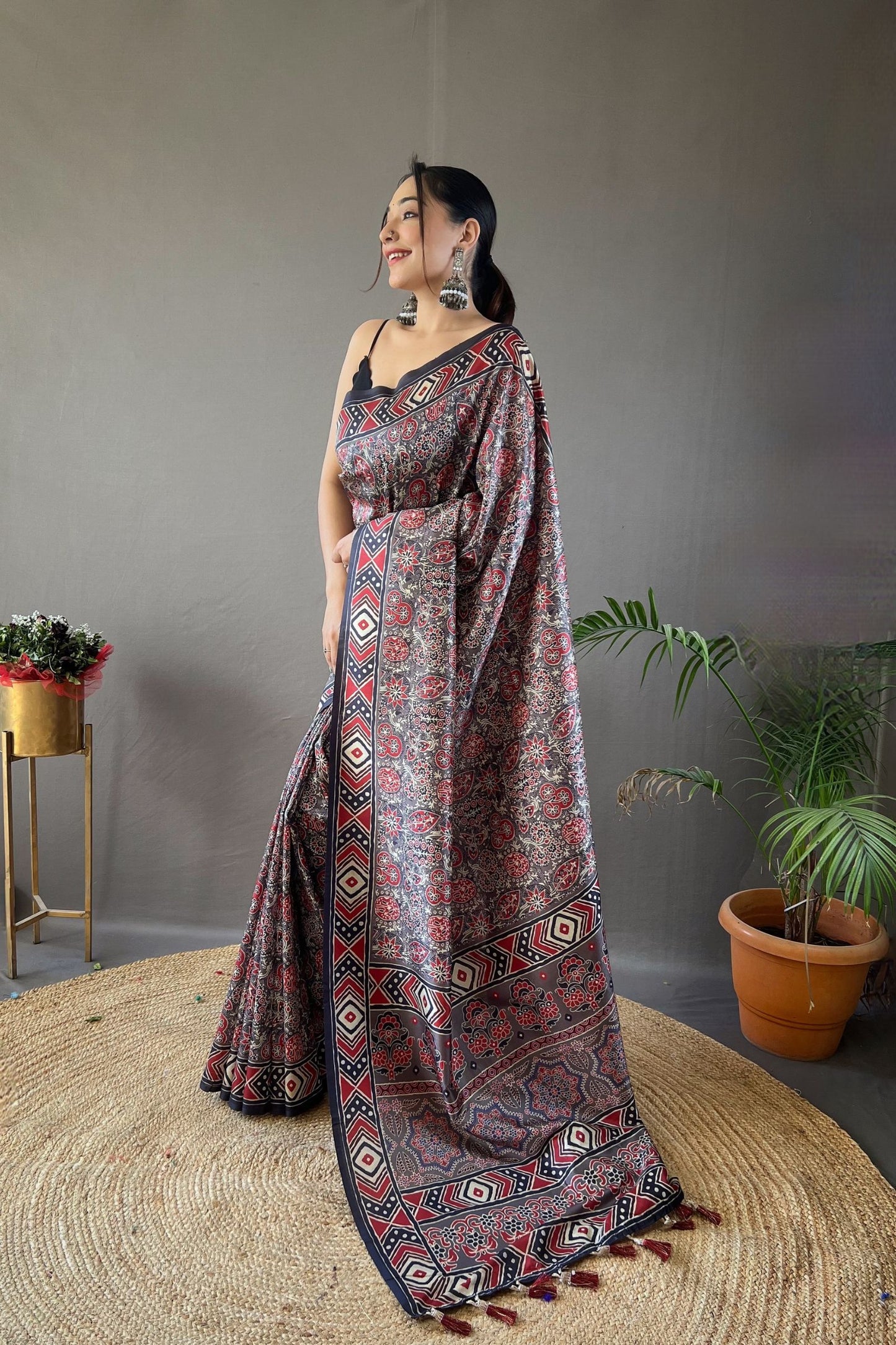 Grey Digital Printed Silk Saree