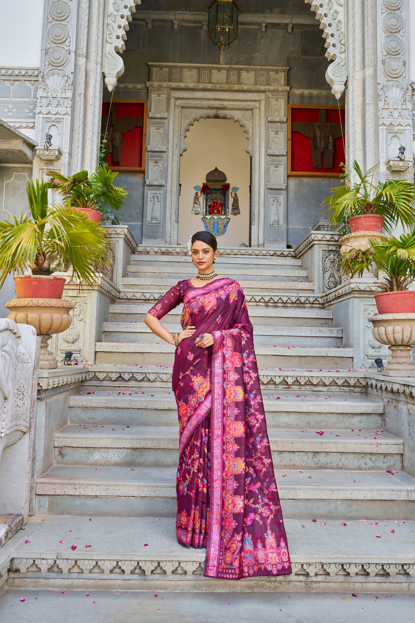 Magenta Cotton Pashmina Silk Saree with Floral Design