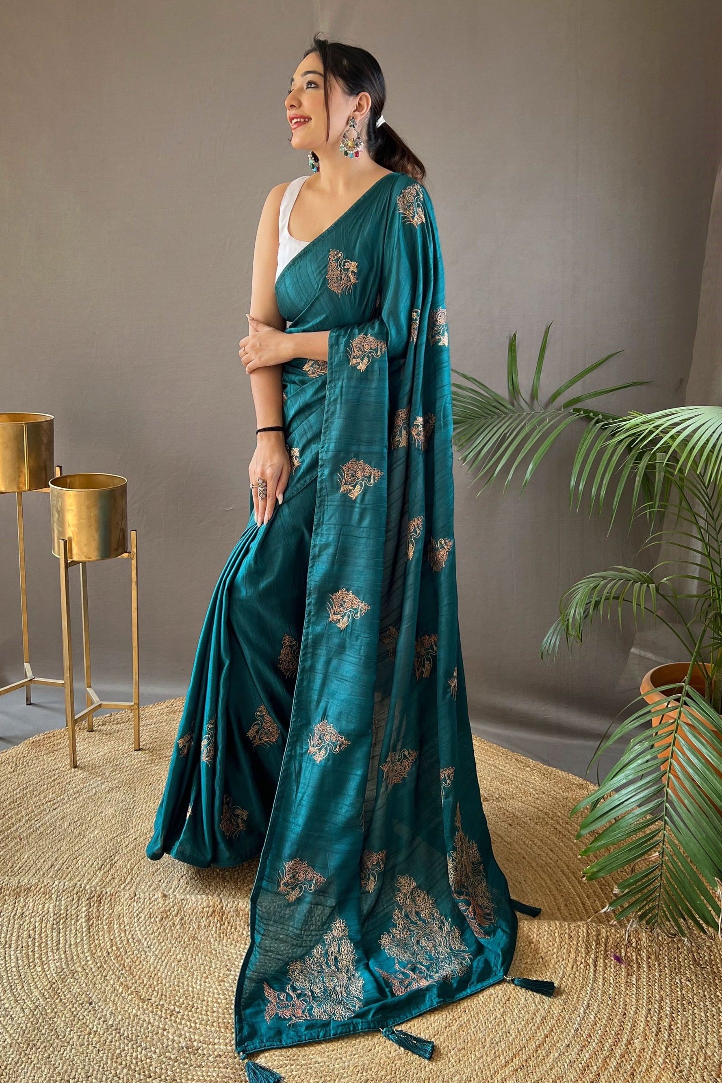 Teal Blue Embroidered Art Silk Saree