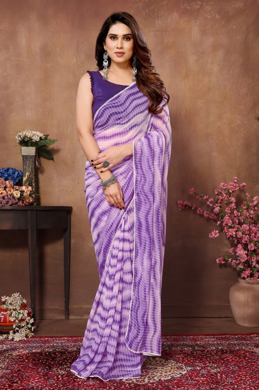 Purple Leheriya Printed Georgette Ready to Wear Saree with Lace