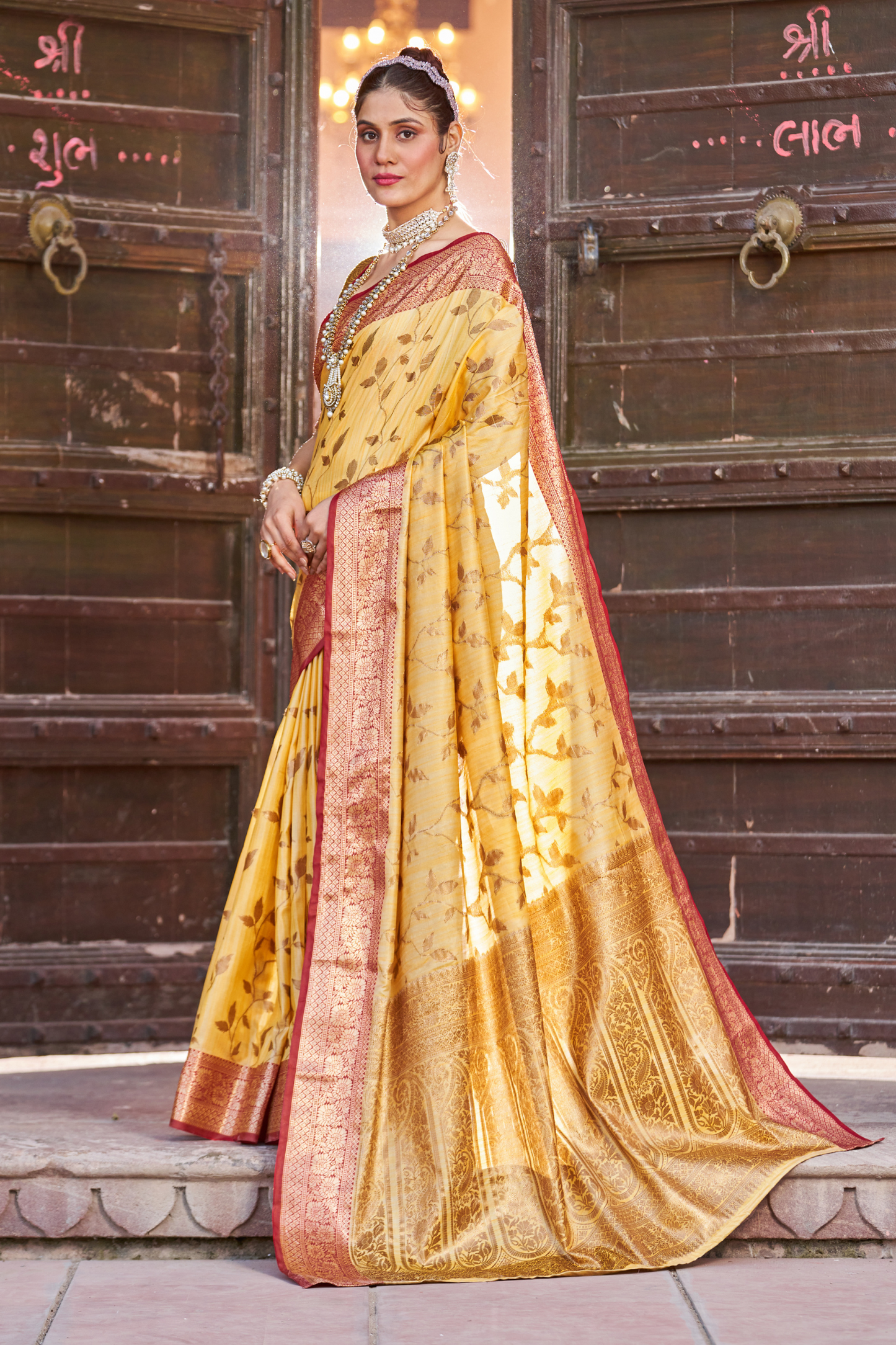 Yellow Banarasi Pure Satin Silk with Graceful Zari Work Border