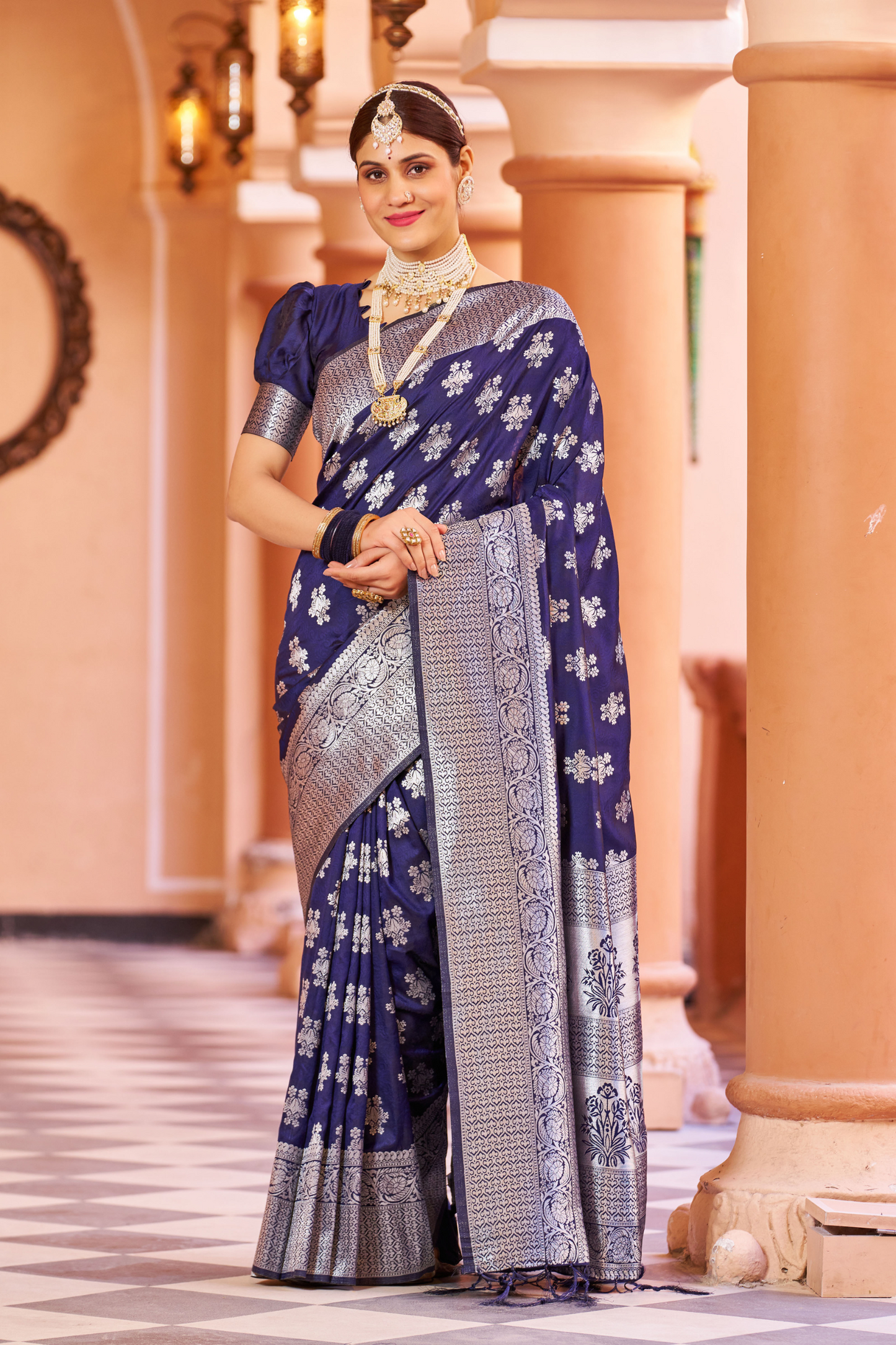 Indigo Blue Designer Banarasi Bland Soft Silk Saree with Zari Pallu