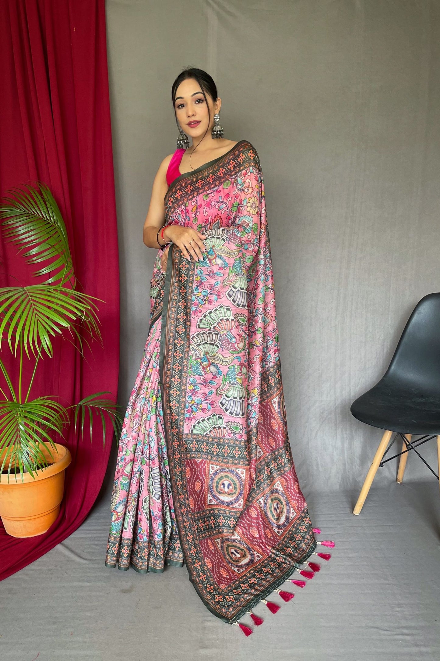 Pink Kalamkari Printed Malai Cotton Saree