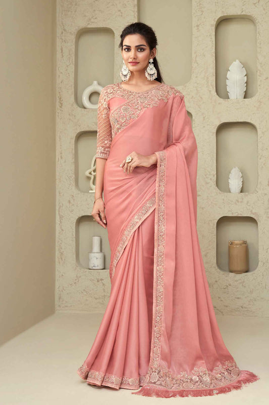 Peach Shadow Silk Saree With Embroidery Work