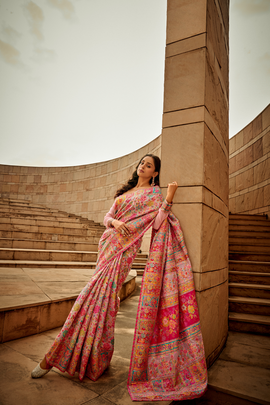 Pink Kashmiri Soft Cotton Pashmina Silk Saree with Floral Print