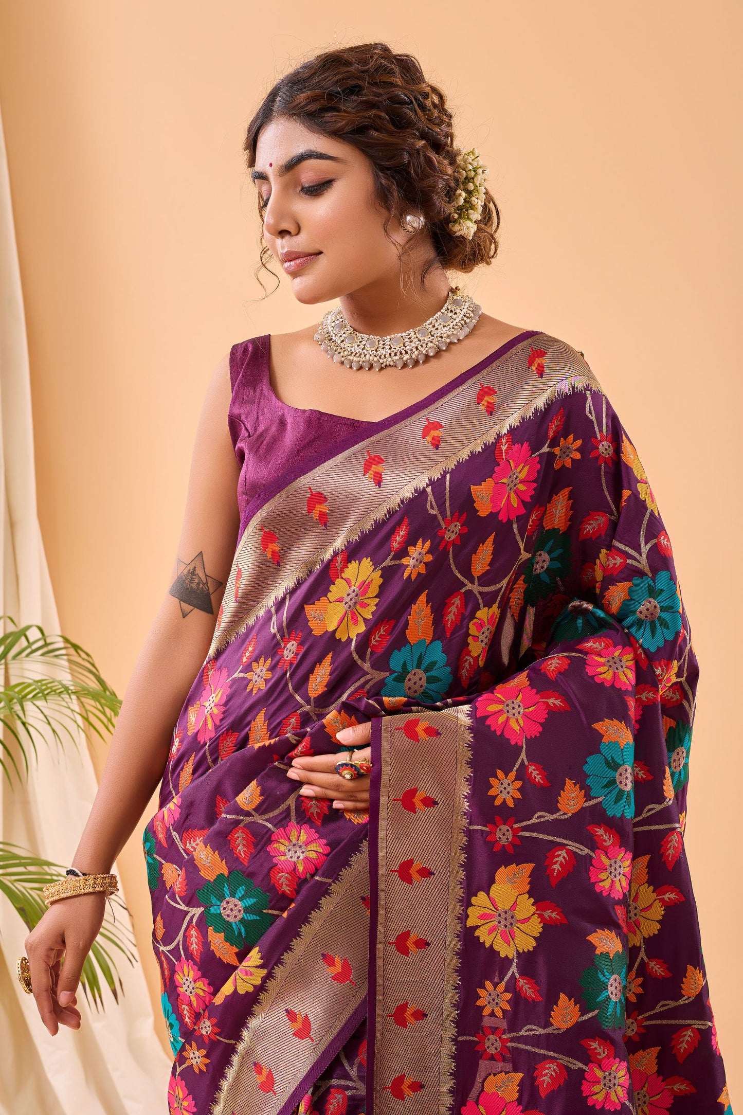 Wine Paithani Silk Saree with Royal Jaal Work