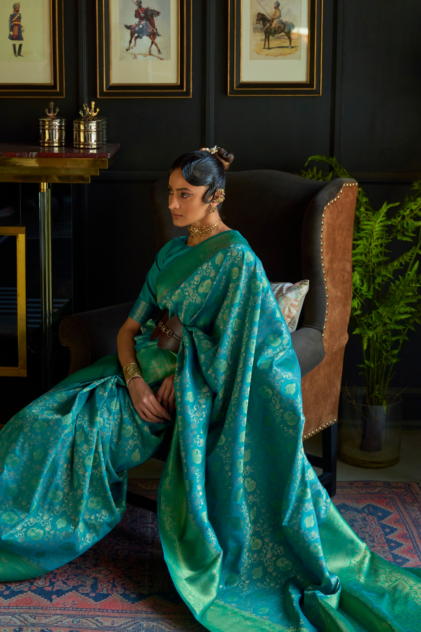 Turquoise Blue Green Pure Banarasi Katan Silk Saree with Handloom Weaving