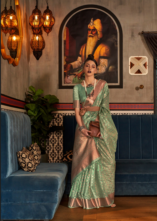 Sea Green Banarasi Tissue Woven Silk Saree with Copper Zari