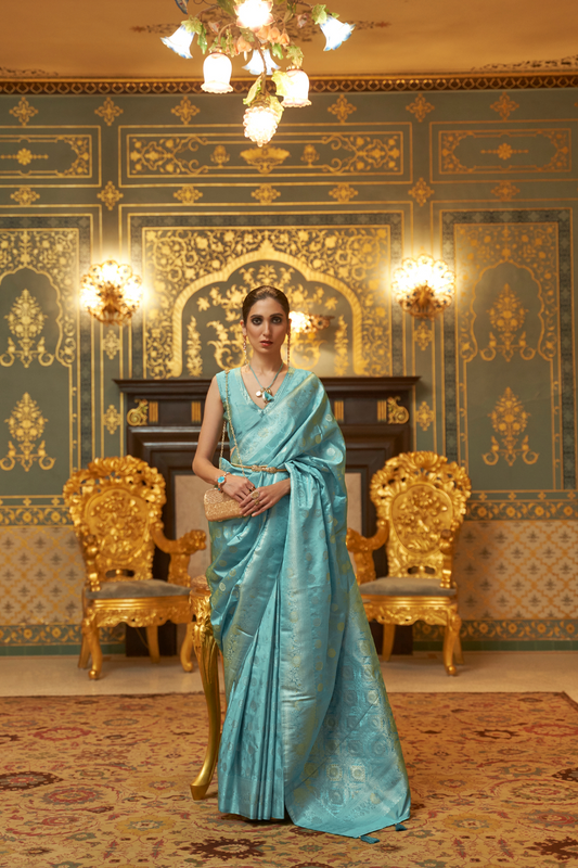 Powder Blue Banarasi Handloom Silk Zari Woven Saree