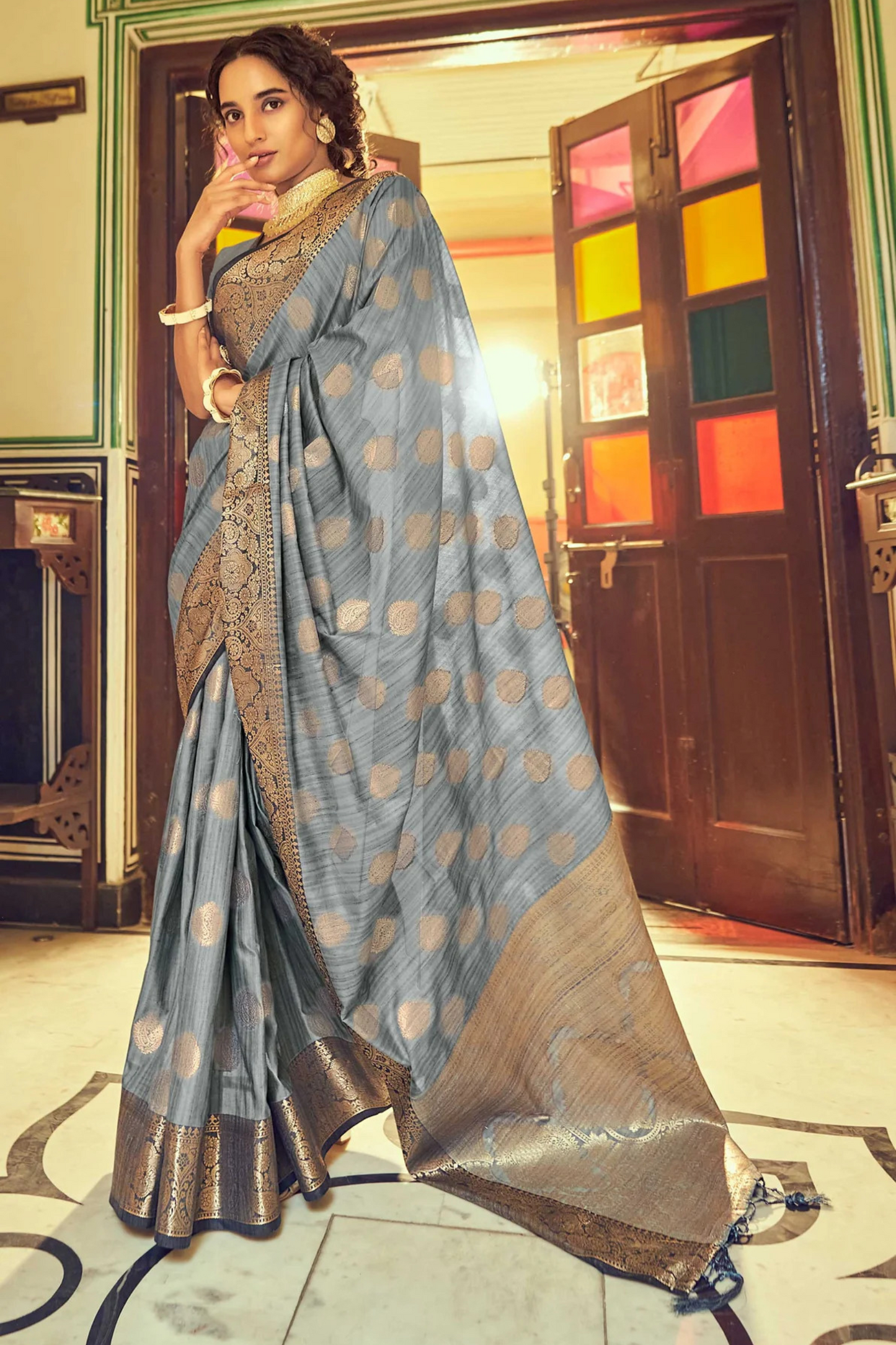 Lava Gray Posh Banarasi Katan Soft Silk Saree with Rich Zari Border