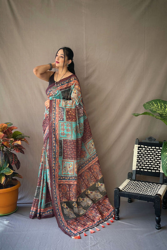 Sky Traditional Kalamkari Digital Printed Soft Cotton Saree