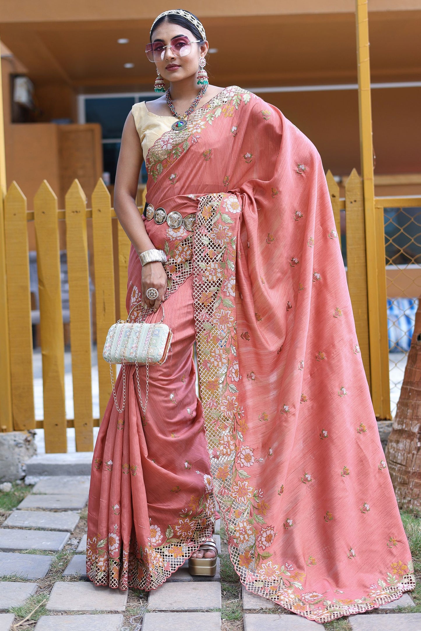 Carrot Red Embroidered Pure Mark Silk Saree with Cutwork Border