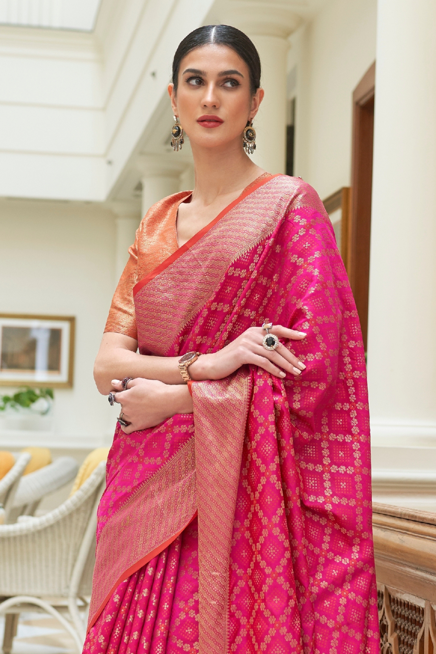 Punch Pink Exquisite Patola Silk Saree with Handloom Weaving