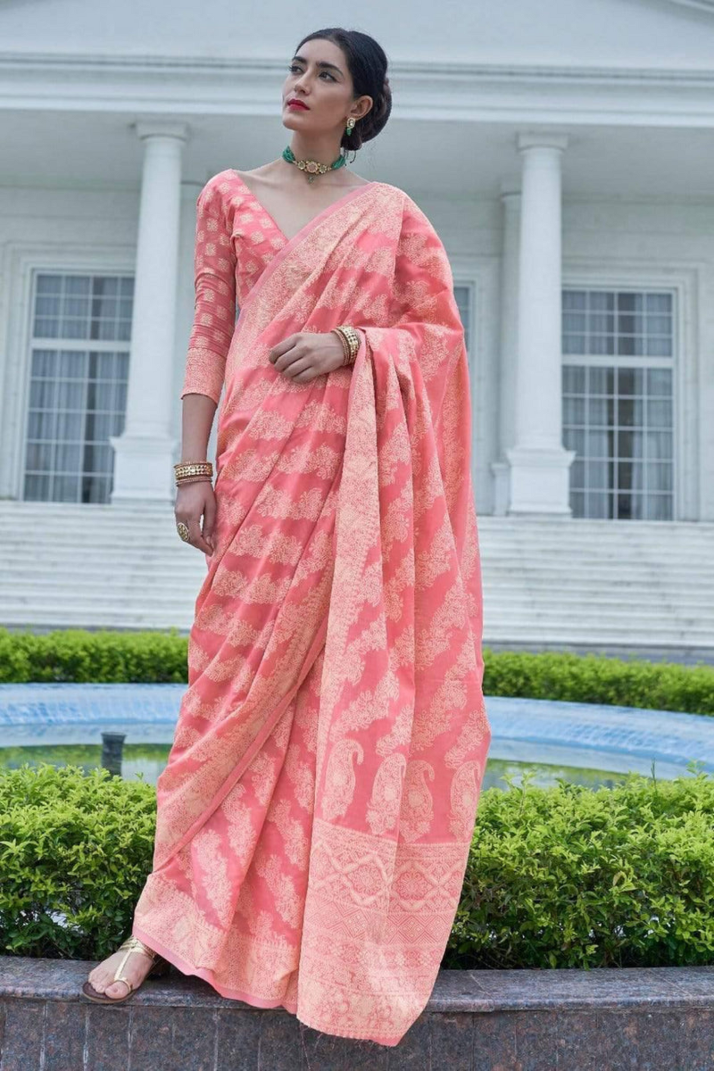 Coral Pink Designer Lucknowi Cotton Saree with Chikankari Work