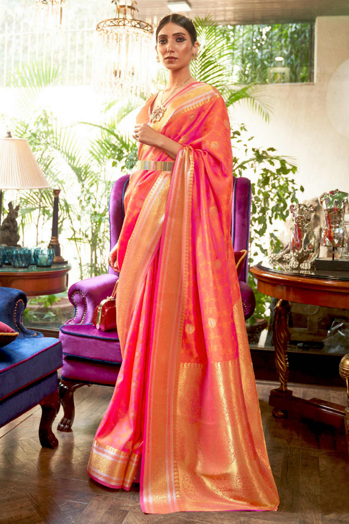 Peach & Gold- Pure Banarasi Silk Saree with Handloom Weaving