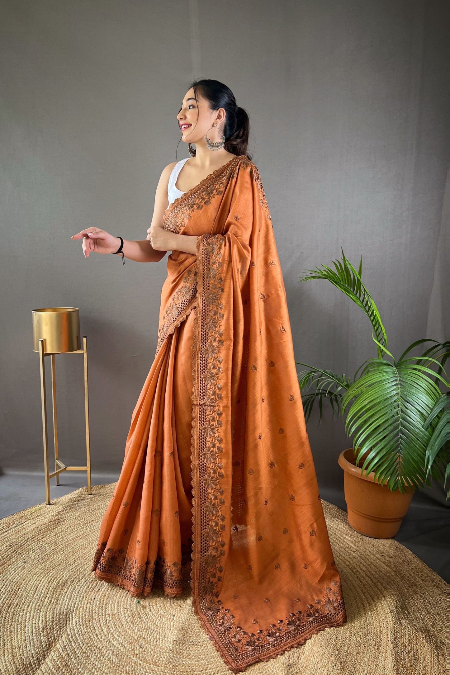 Orange Matka Soft Silk Saree with Floral Cutwork Border