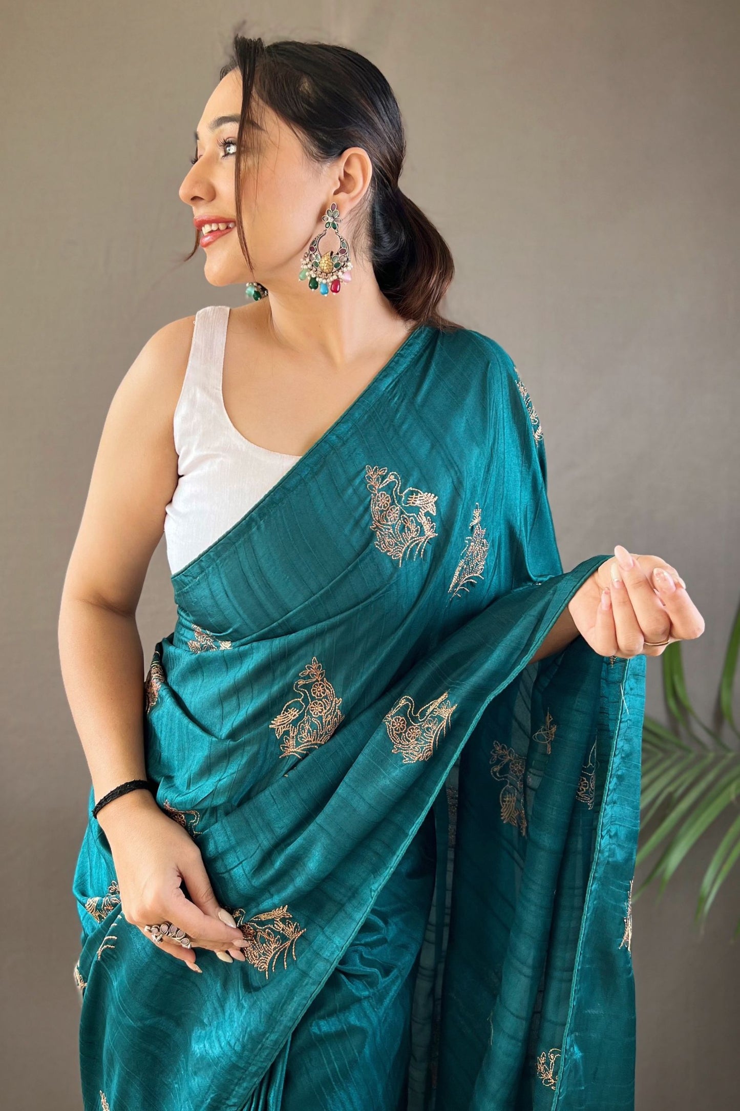 Teal Blue Embroidered Art Silk Saree