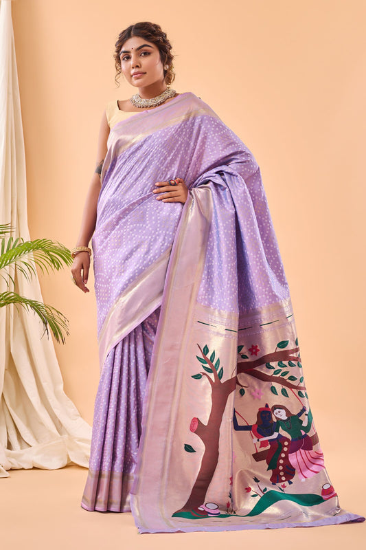 Lavender Bandhani Weaving Paithani Silk Saree