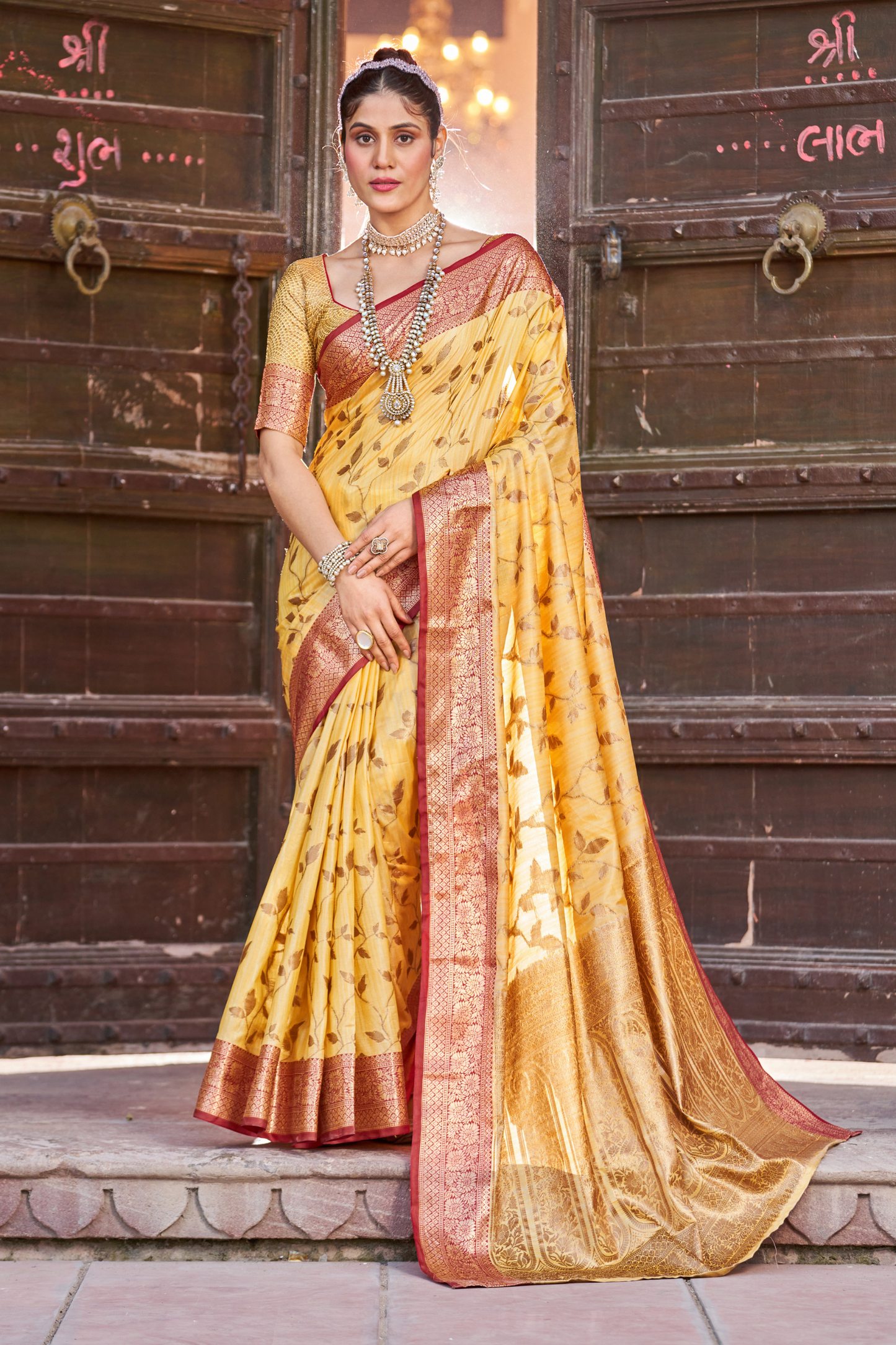 Yellow Banarasi Pure Satin Silk with Graceful Zari Work Border