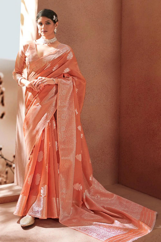 Salmon Orange Silk with Silver Zari Weaving Border