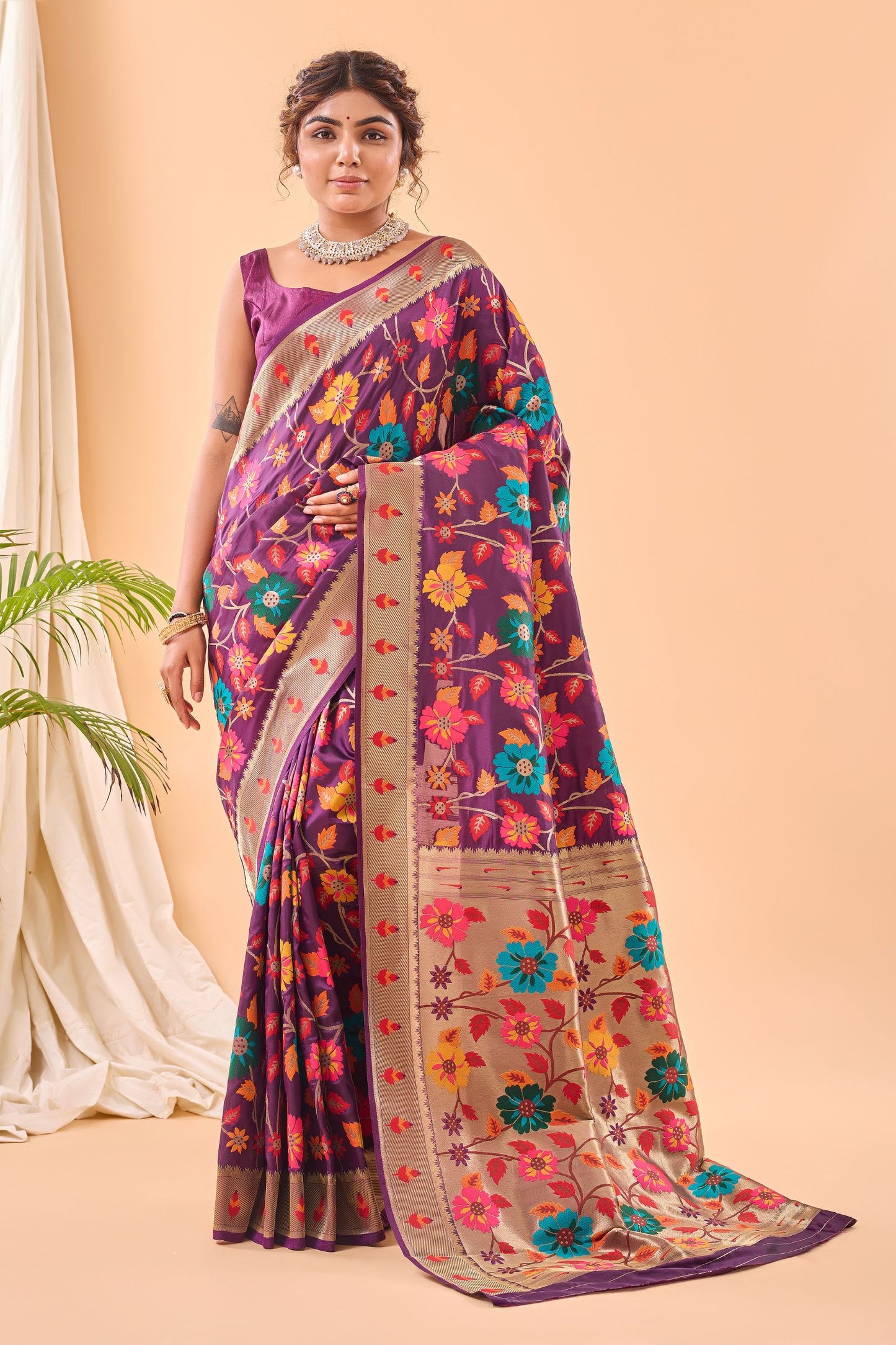 Wine Paithani Silk Saree with Royal Jaal Work