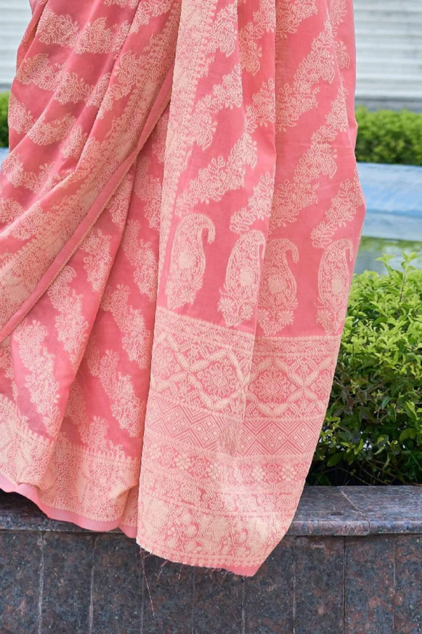 Coral Pink Designer Lucknowi Cotton Saree with Chikankari Work