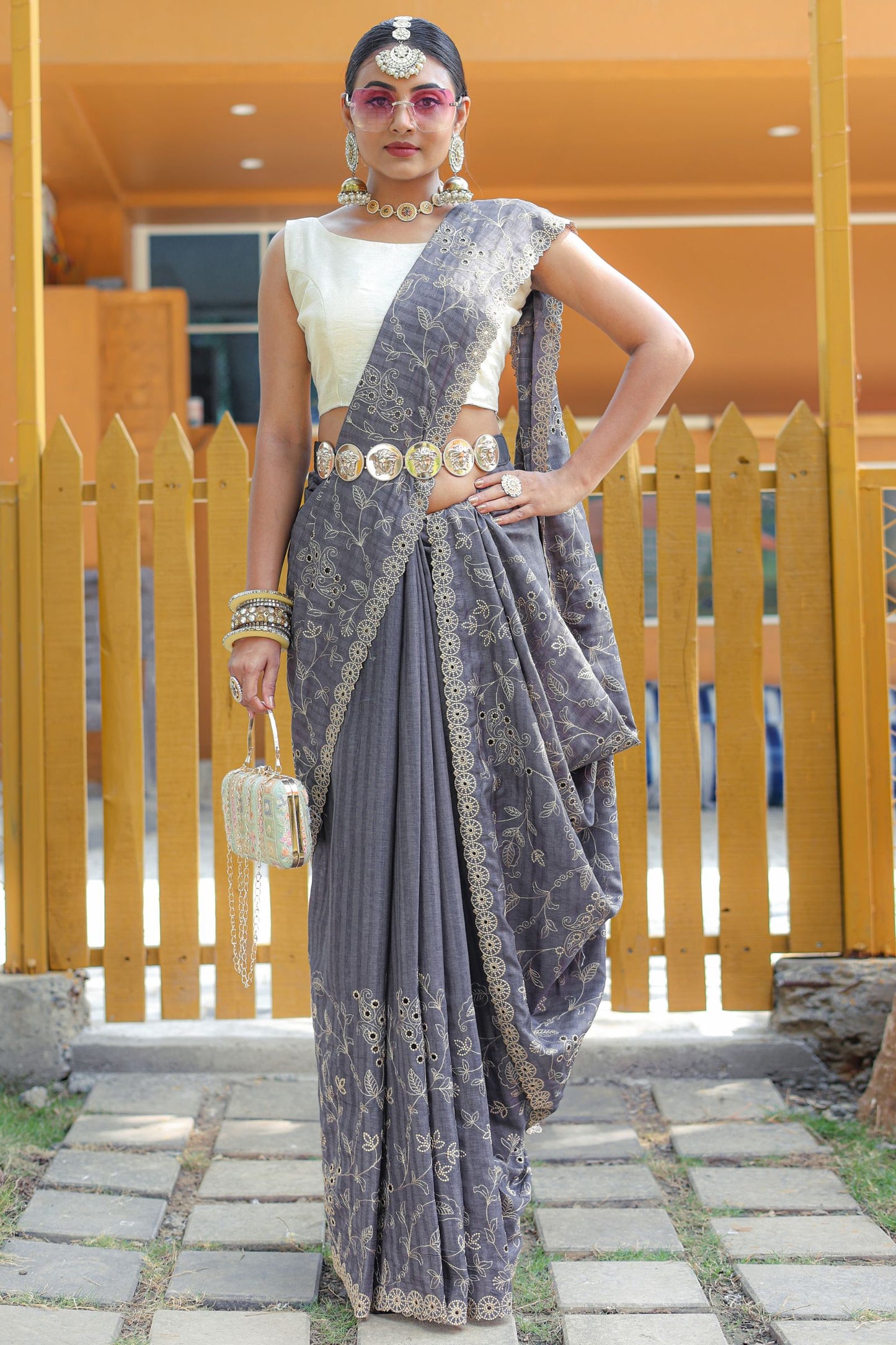 Grey Threadwork Soft Silk Saree with Cutwork Border