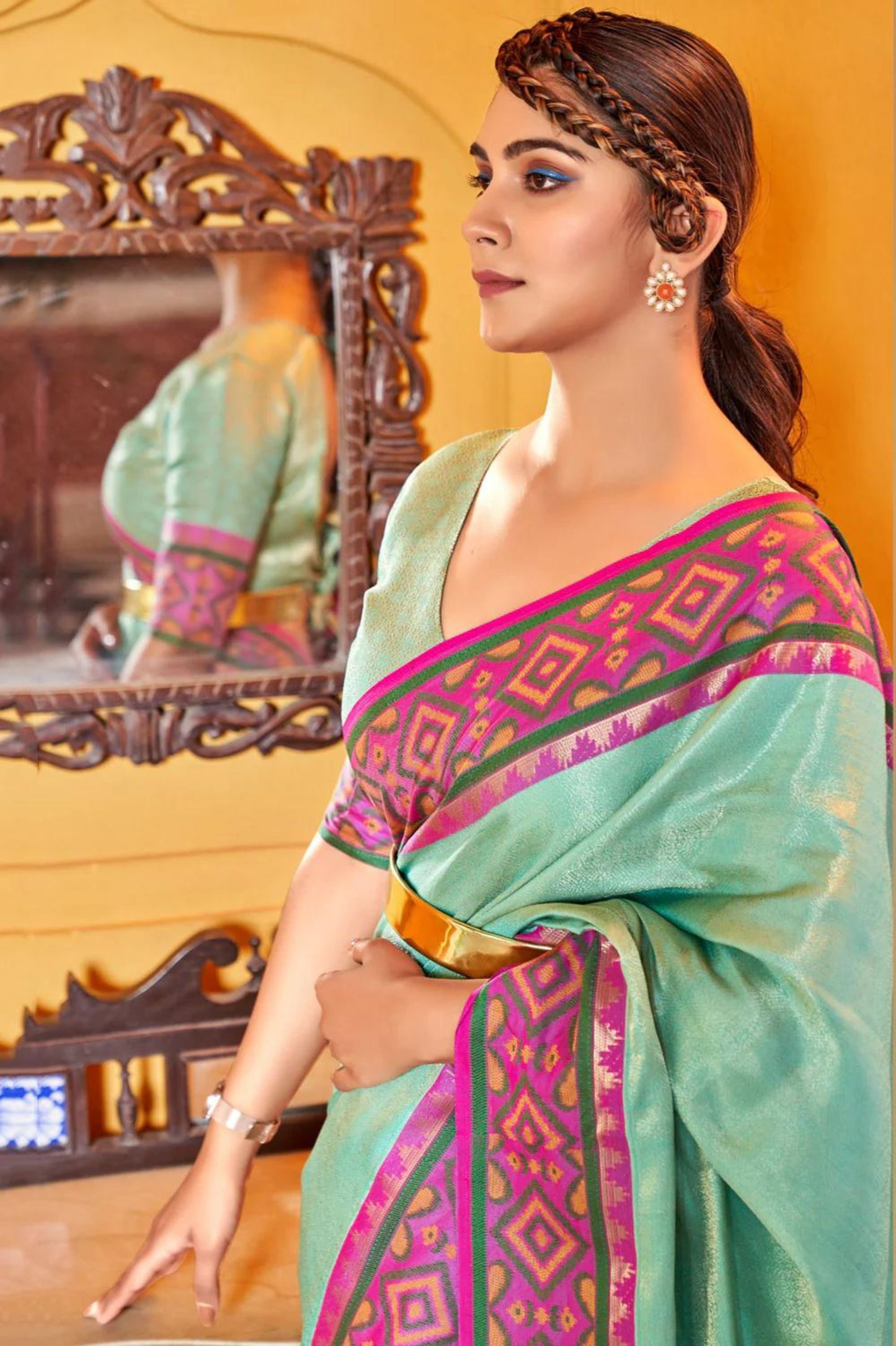 Sea Green Soft Silk Saree with Geometric Woven Border