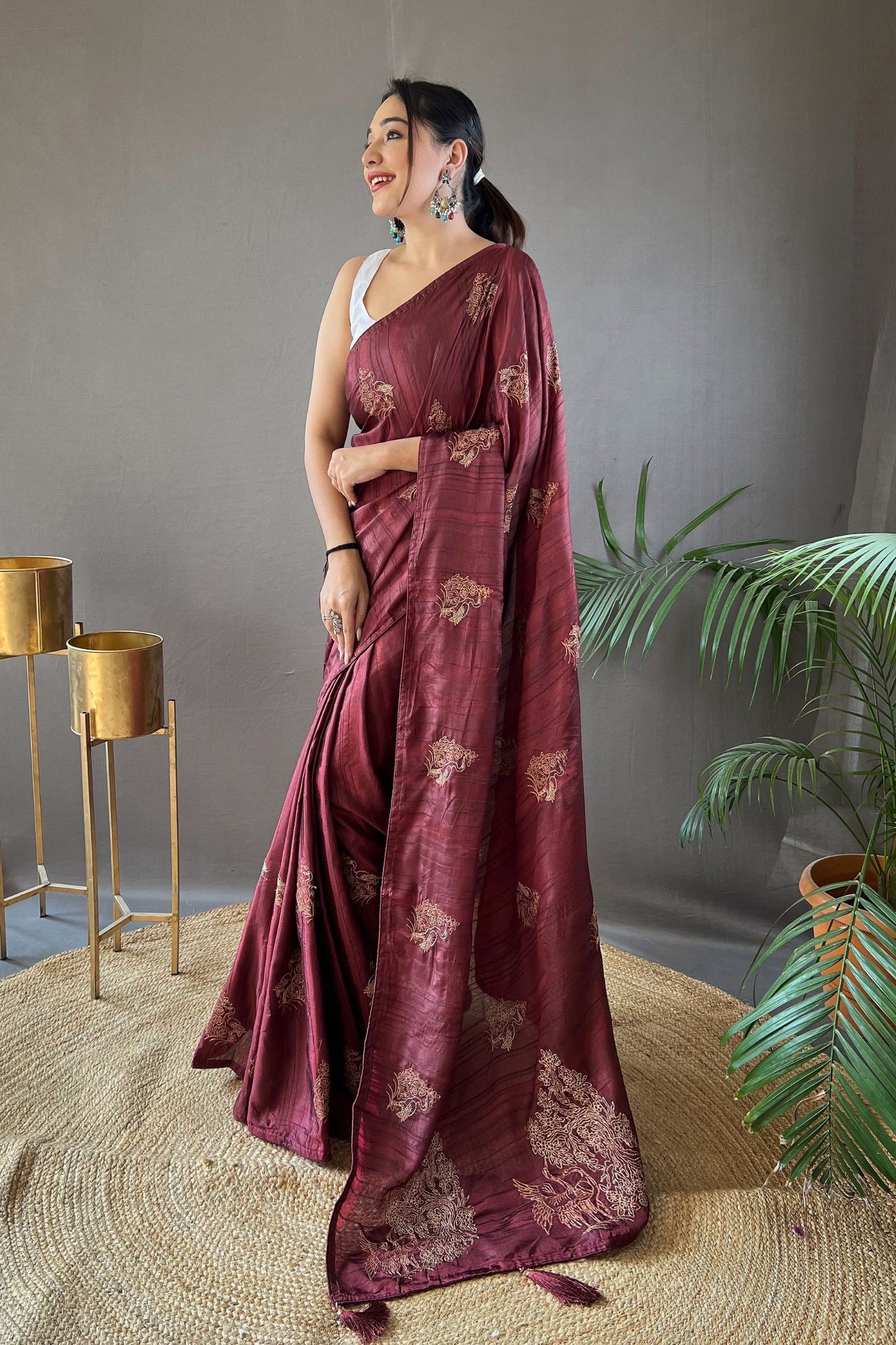 Maroon Red Embroidered Art Silk Saree