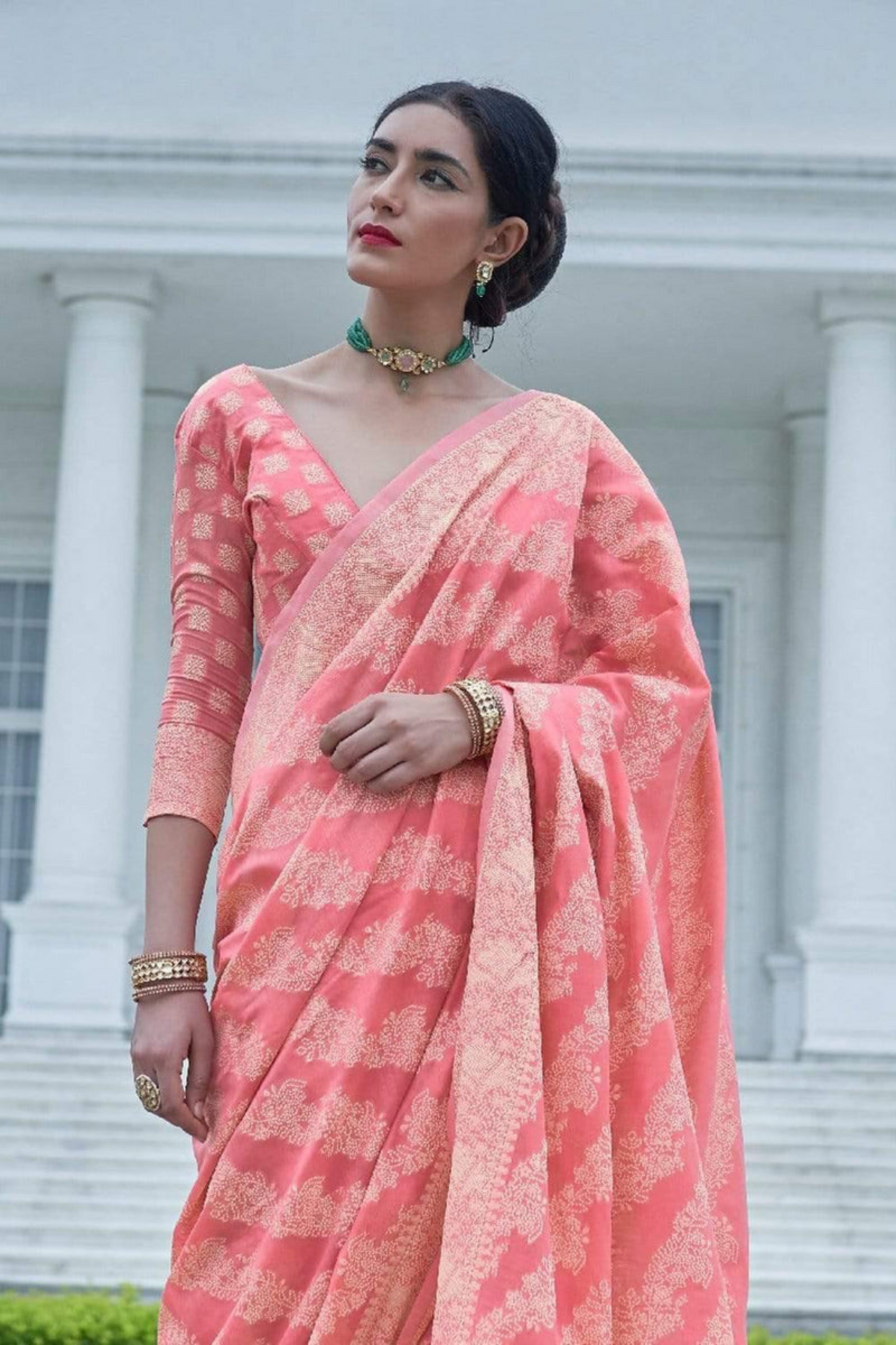 Coral Pink Designer Lucknowi Cotton Saree with Chikankari Work