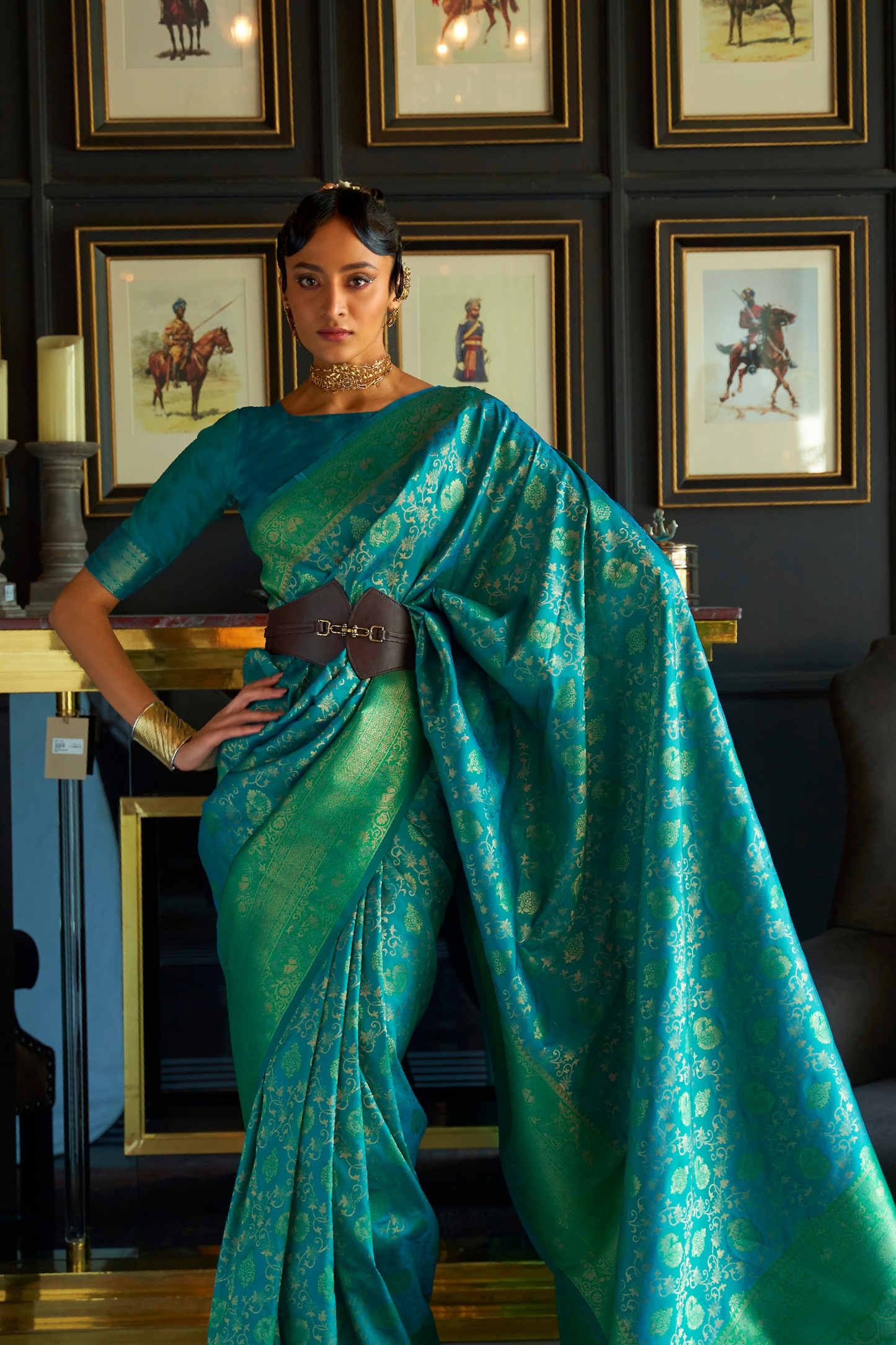 Turquoise Blue Green Pure Banarasi Katan Silk Saree with Handloom Weaving