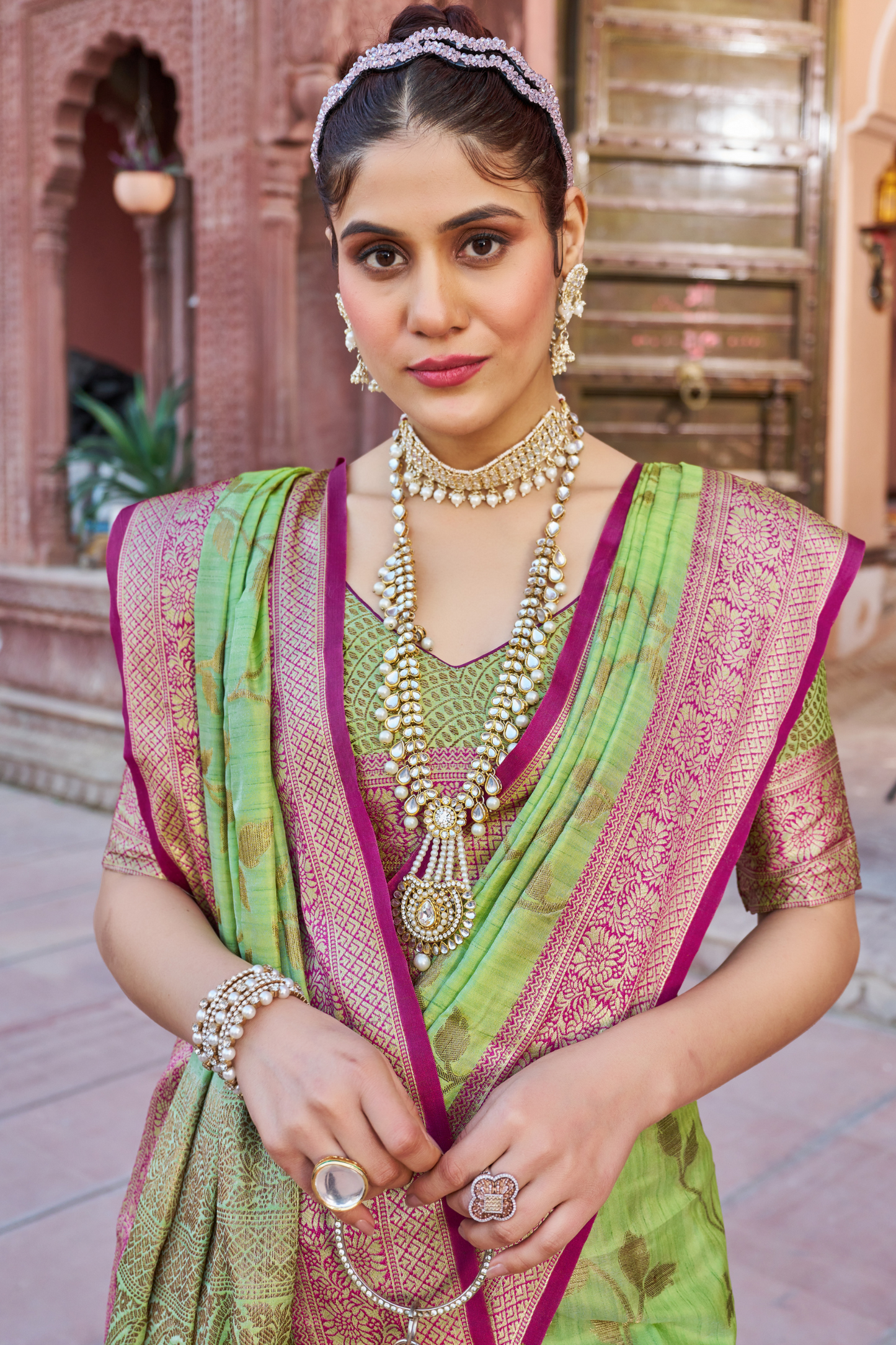 Lime Green Banarasi Pure Satin Silk with Graceful Zari Work Border