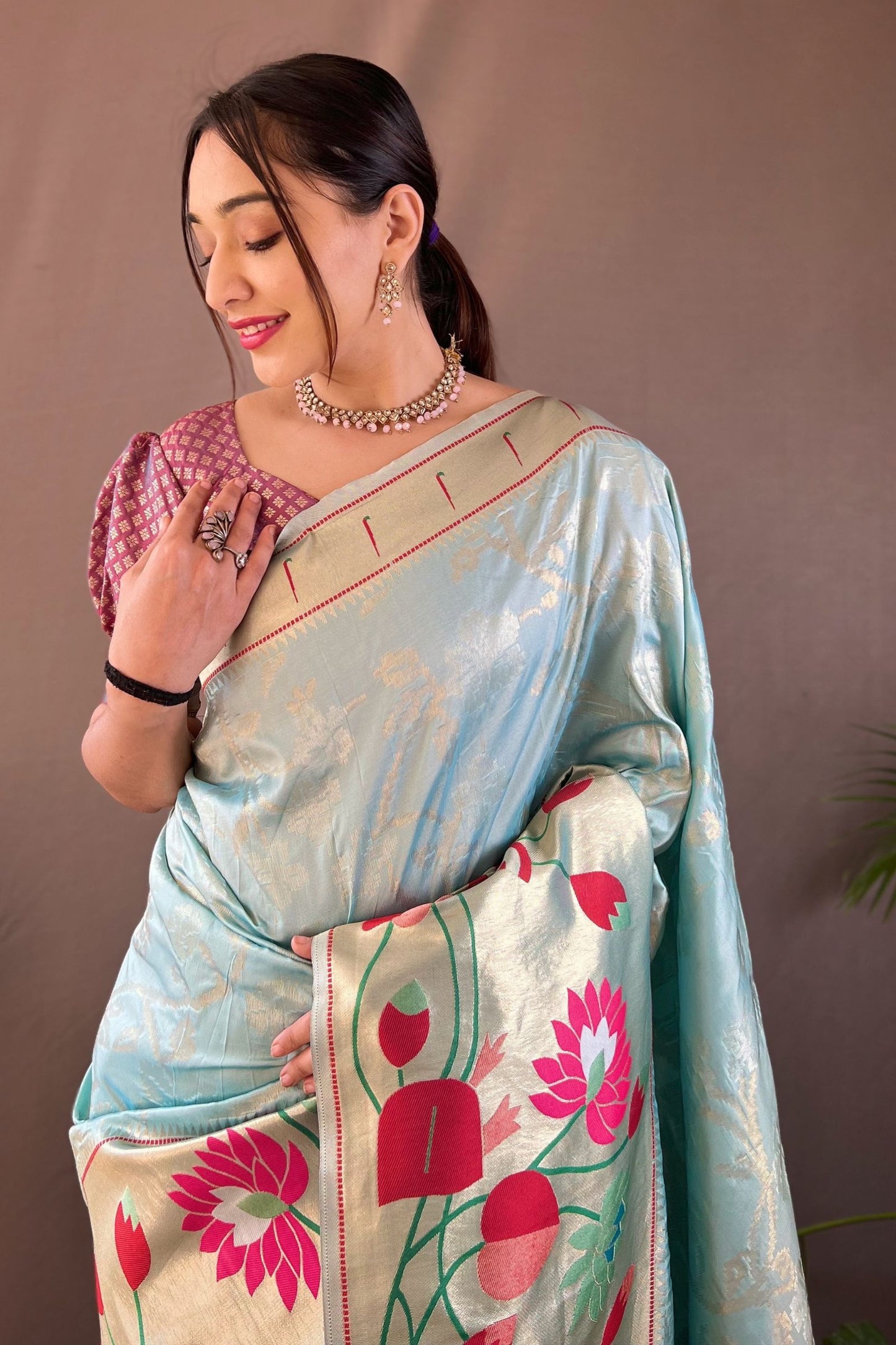 Light Blue Soft Paithani Silk Saree with Traditional Patterns