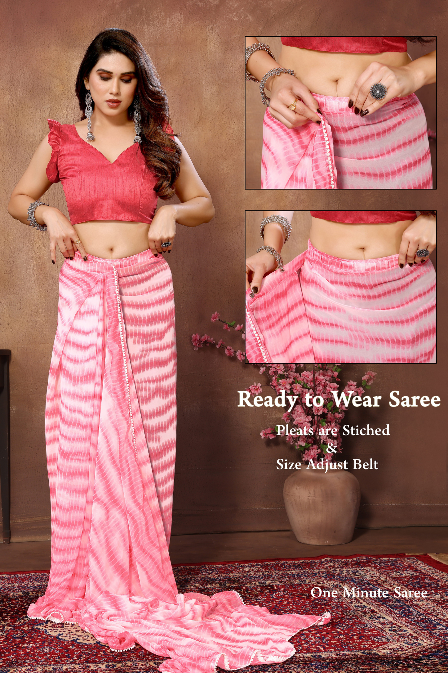 Pink Printed Georgette Ready to Wear Saree