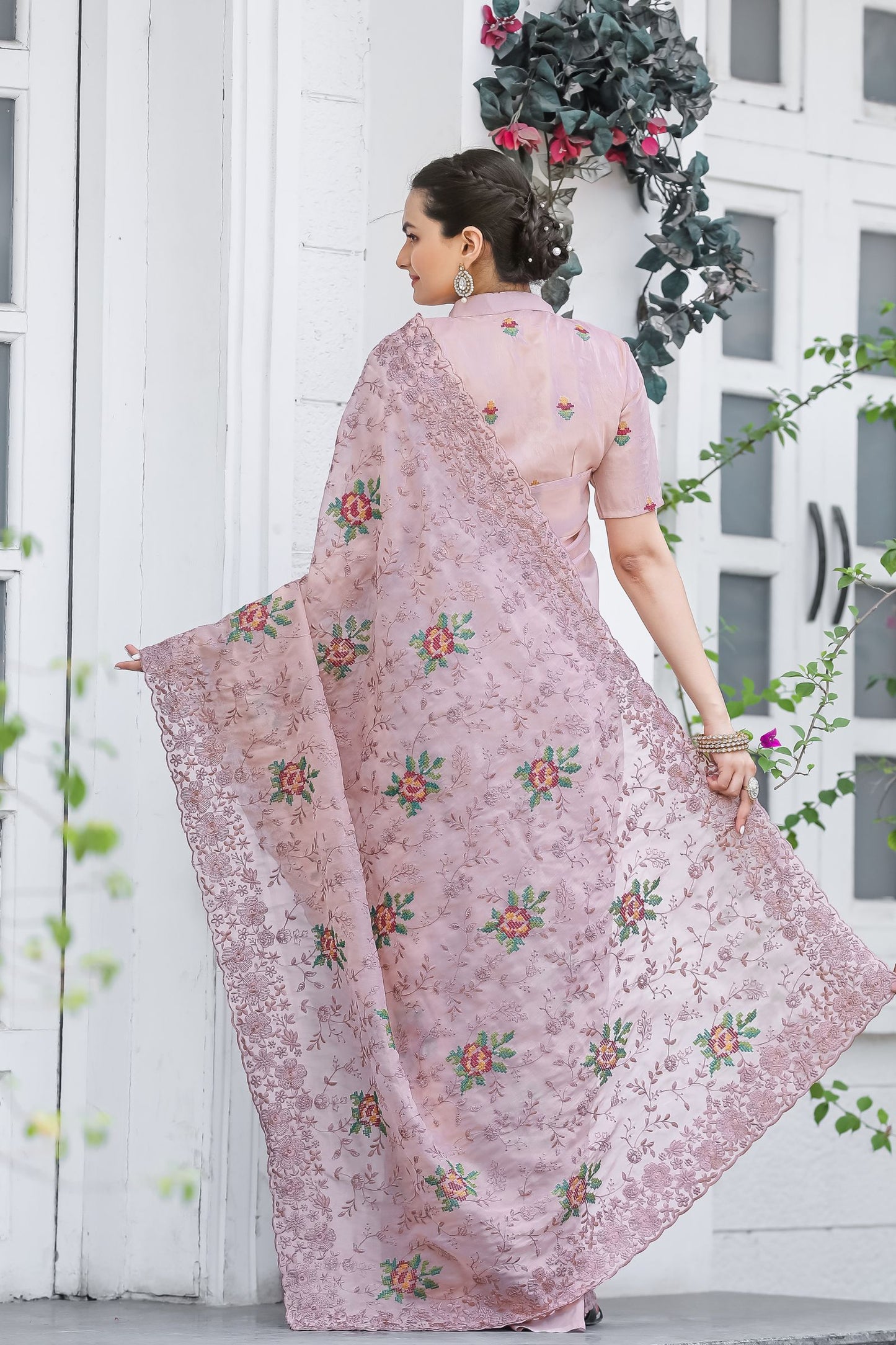 Mauve Chiffon Saree with Cross-Stitch Embroidery