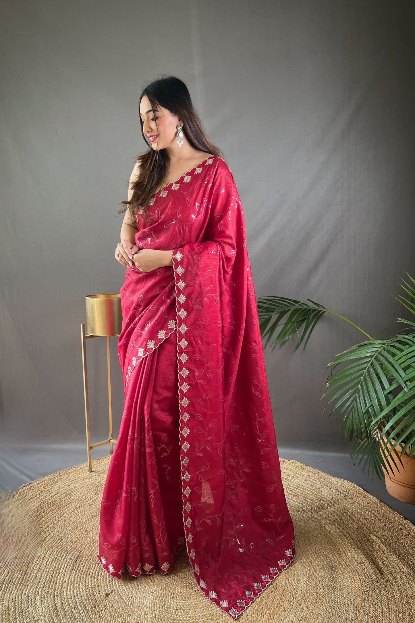 Crimson Red Sequins Work Silk Saree with Embroidered Border