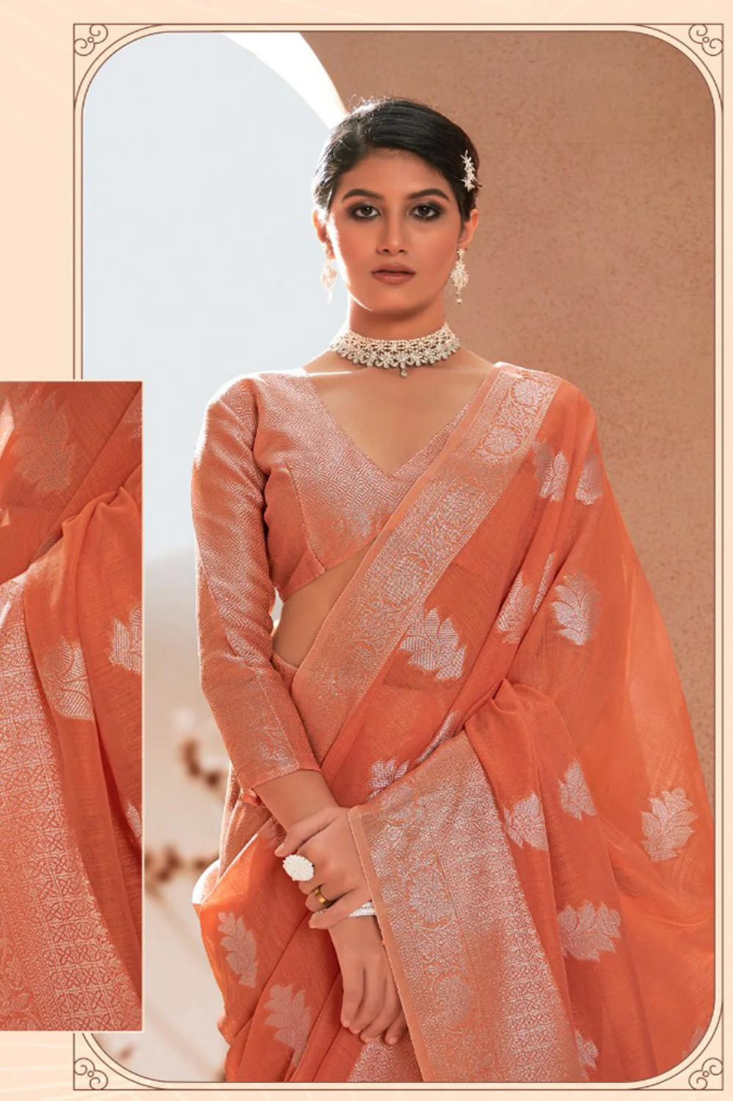 Salmon Orange Silk with Silver Zari Weaving Border