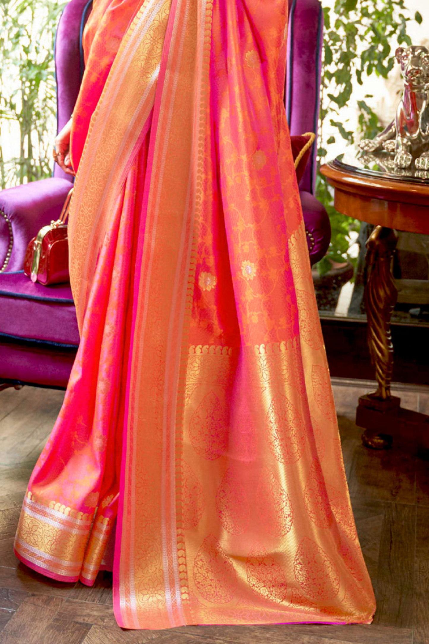 Peach & Gold- Pure Banarasi Silk Saree with Handloom Weaving