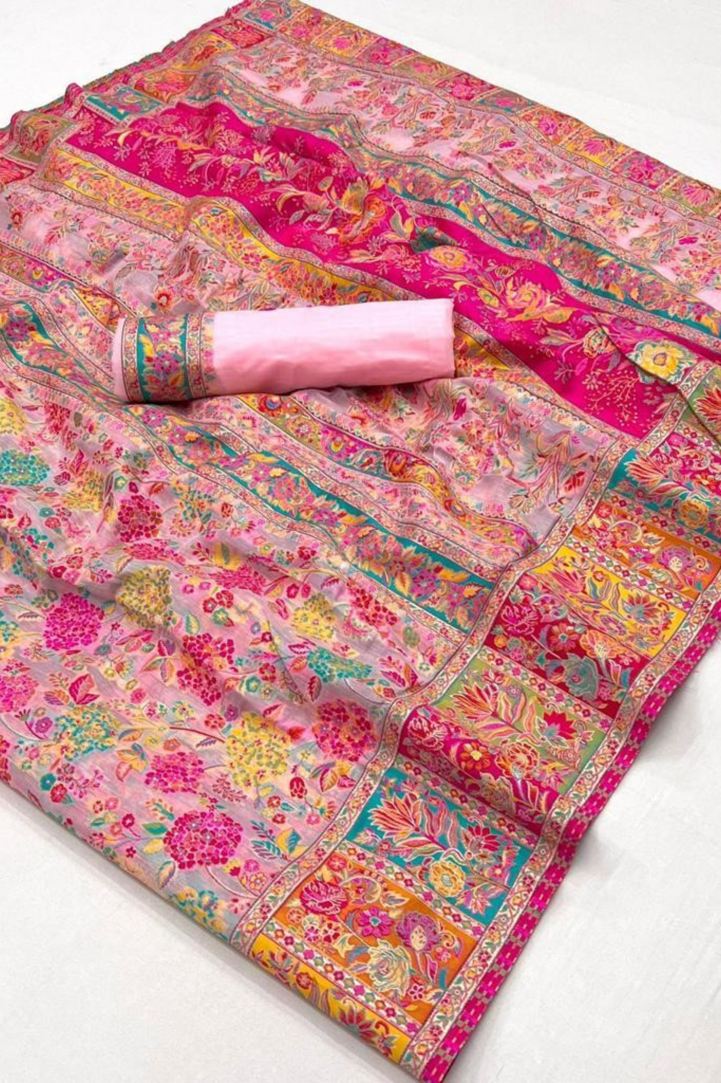 Pink Kashmiri Soft Cotton Pashmina Silk Saree with Floral Print