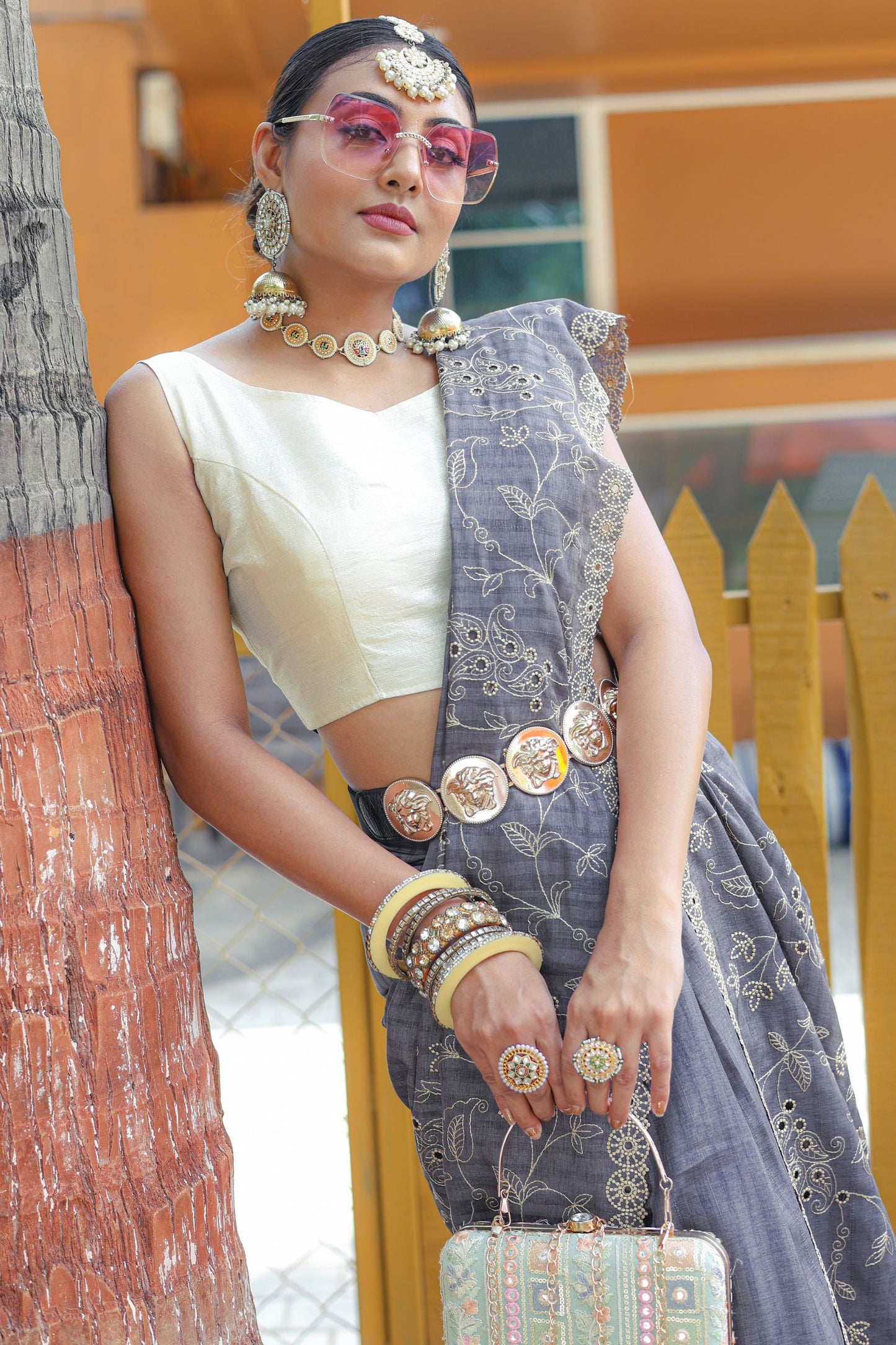 Grey Threadwork Soft Silk Saree with Cutwork Border