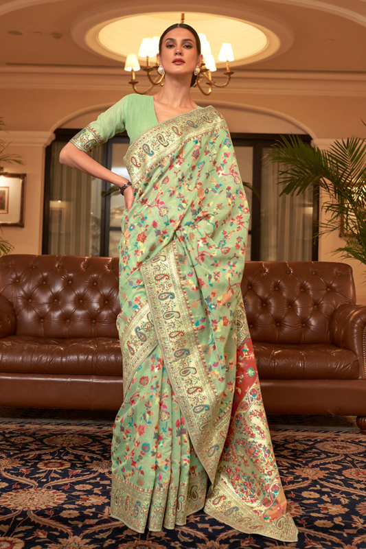 Pistachio Green Cotton Silk Pashmina Sarees with Kashmiri Modal Weaving