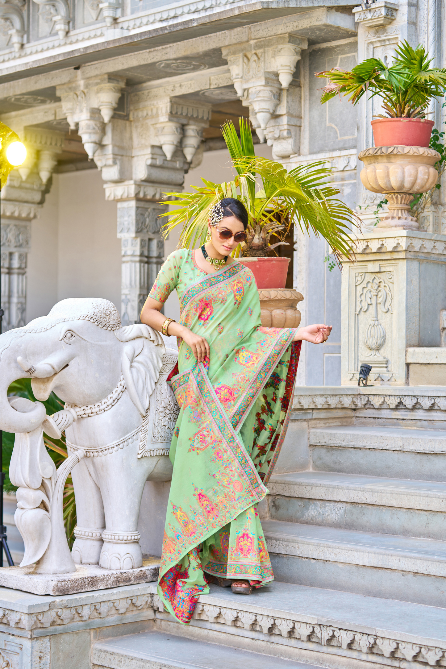 Mint Green Cotton Pashmina Silk Saree with Floral Design