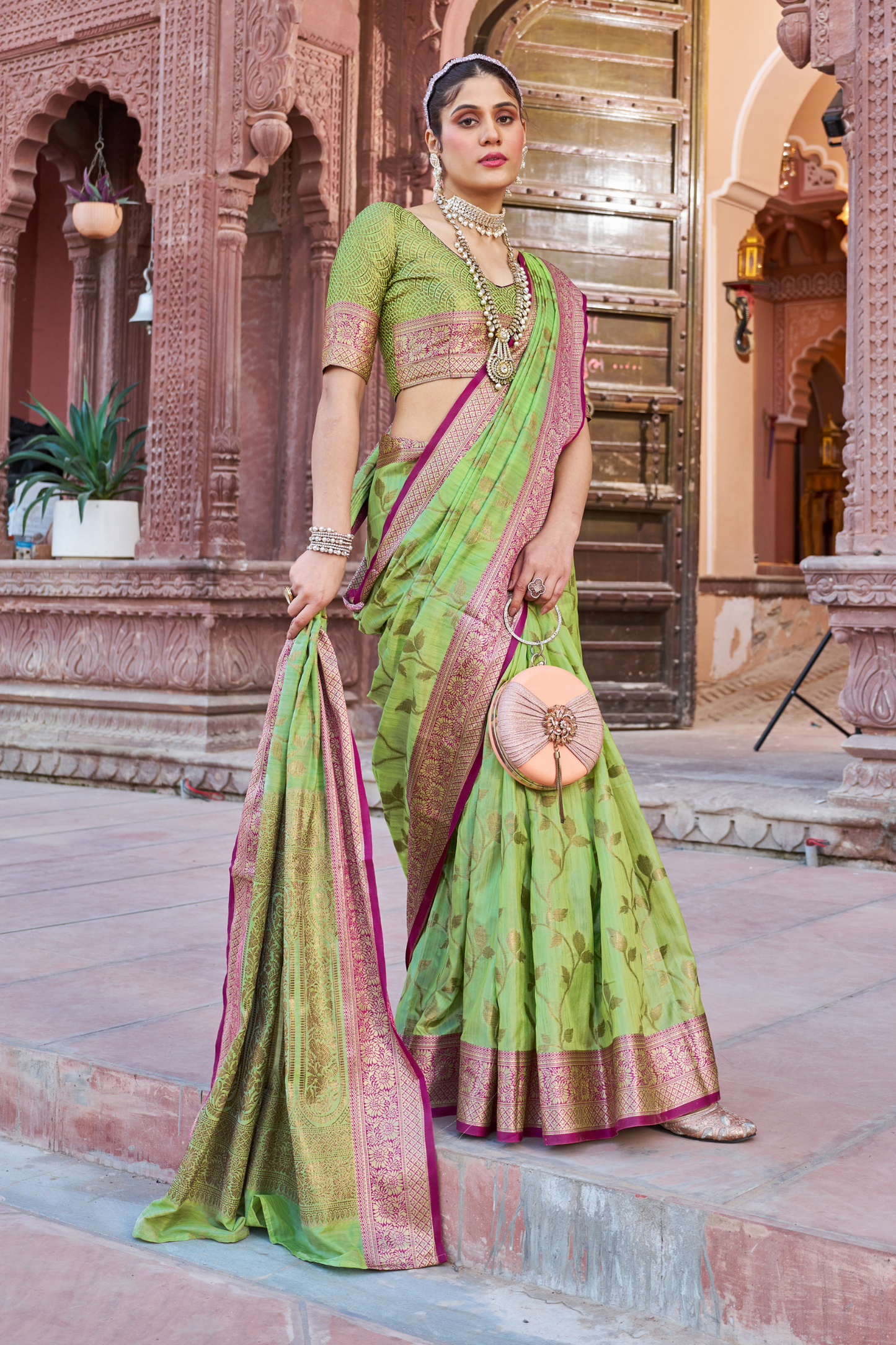 Lime Green Banarasi Pure Satin Silk with Graceful Zari Work Border