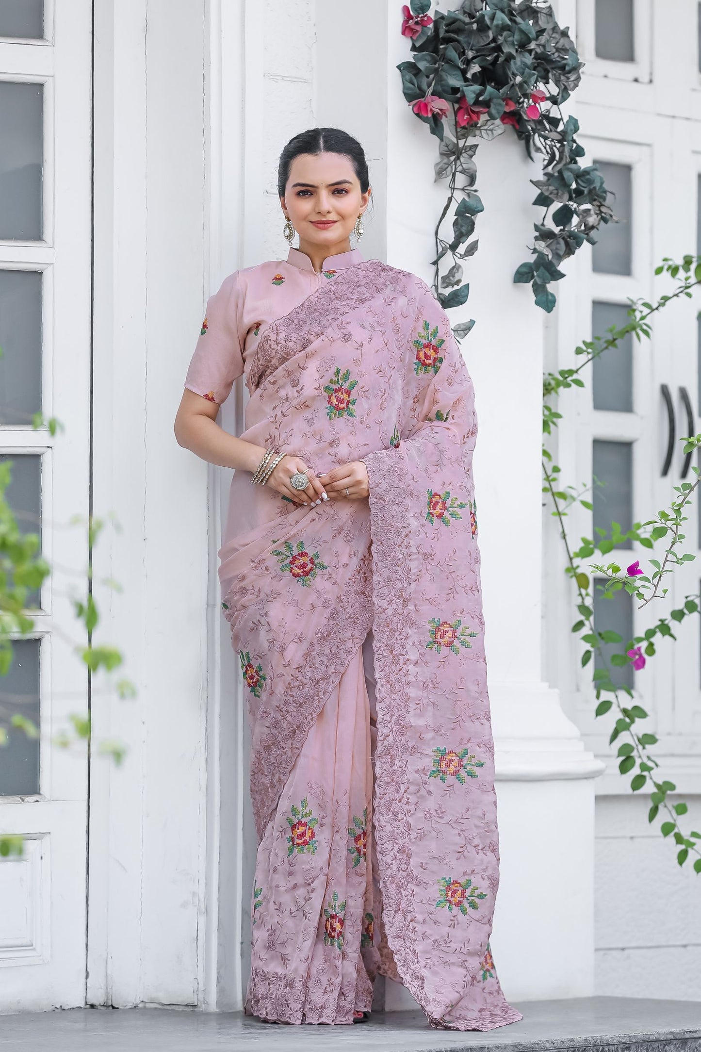 Mauve Chiffon Saree with Cross-Stitch Embroidery