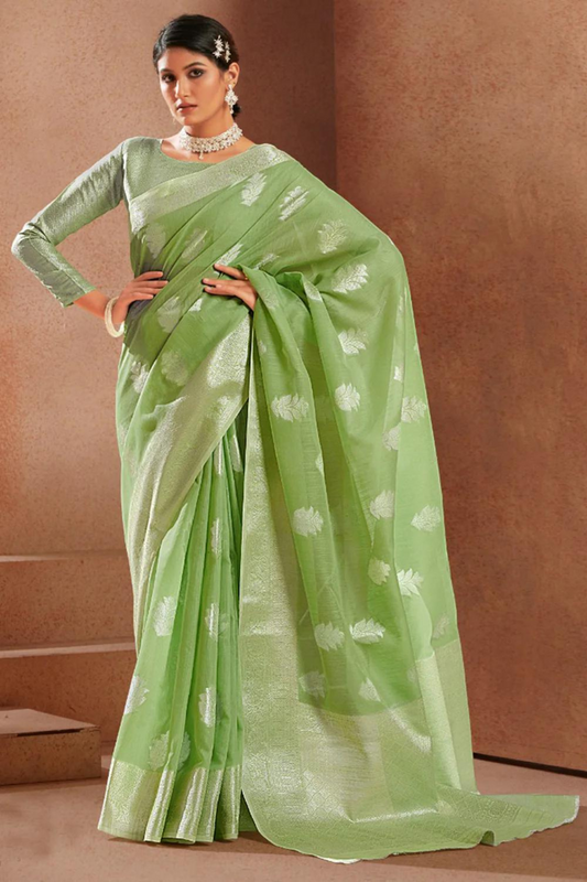 Lime Green Linen Silk with Silver Zari Weaving Border