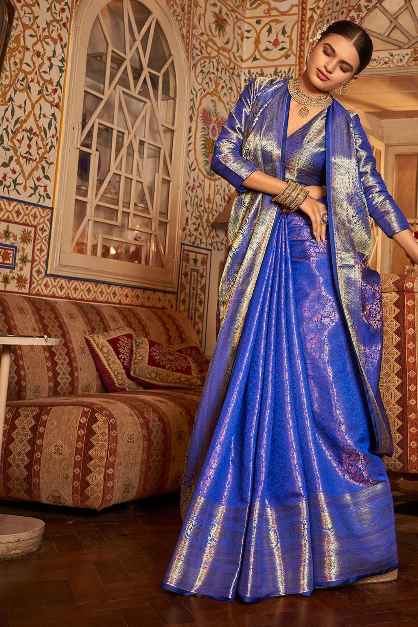 Royal Blue Pure Kanjivaram Silk with Bronze Zari Weaving